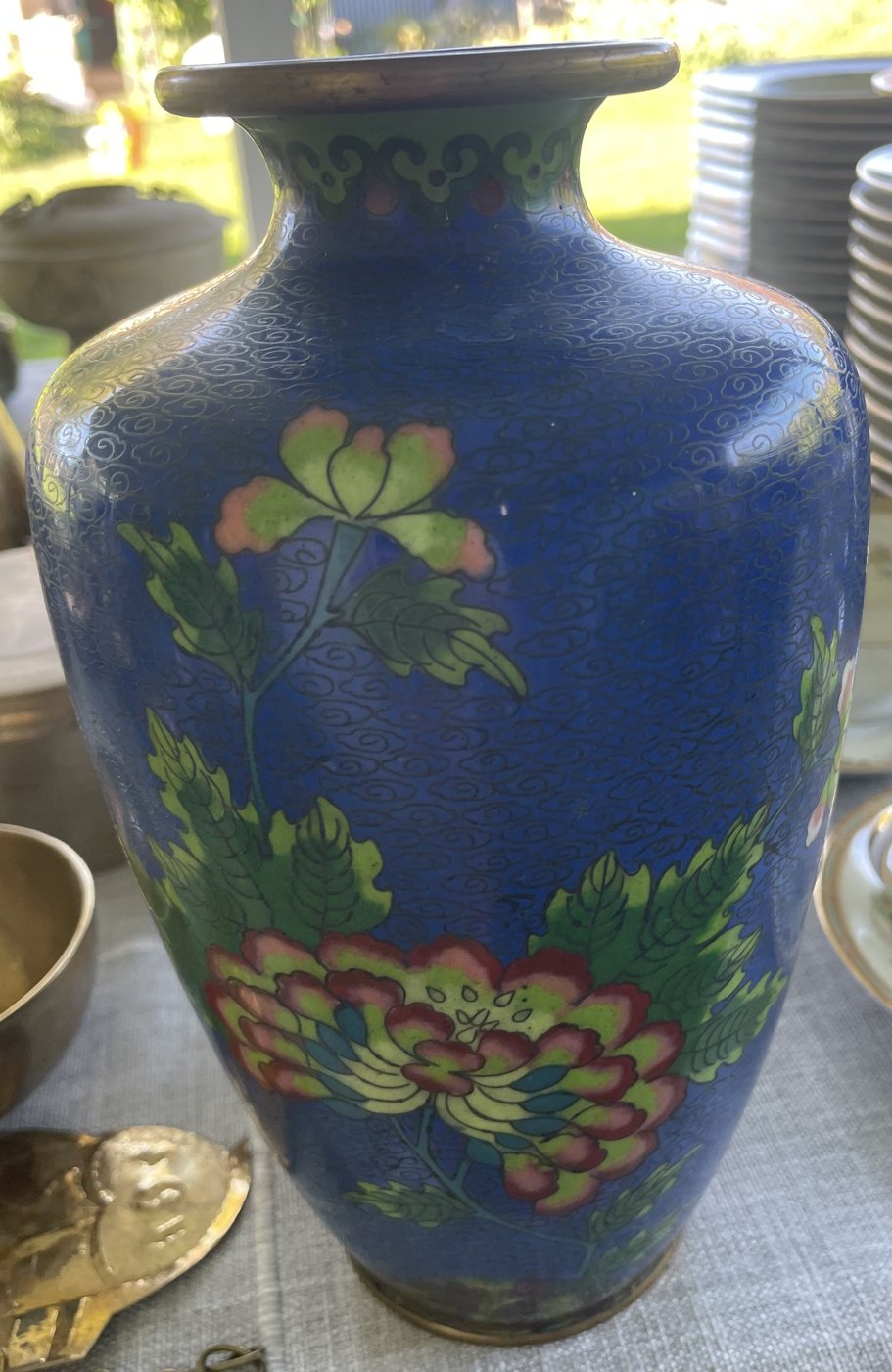 Cobalt cloisonné baluster vase with peony sprays