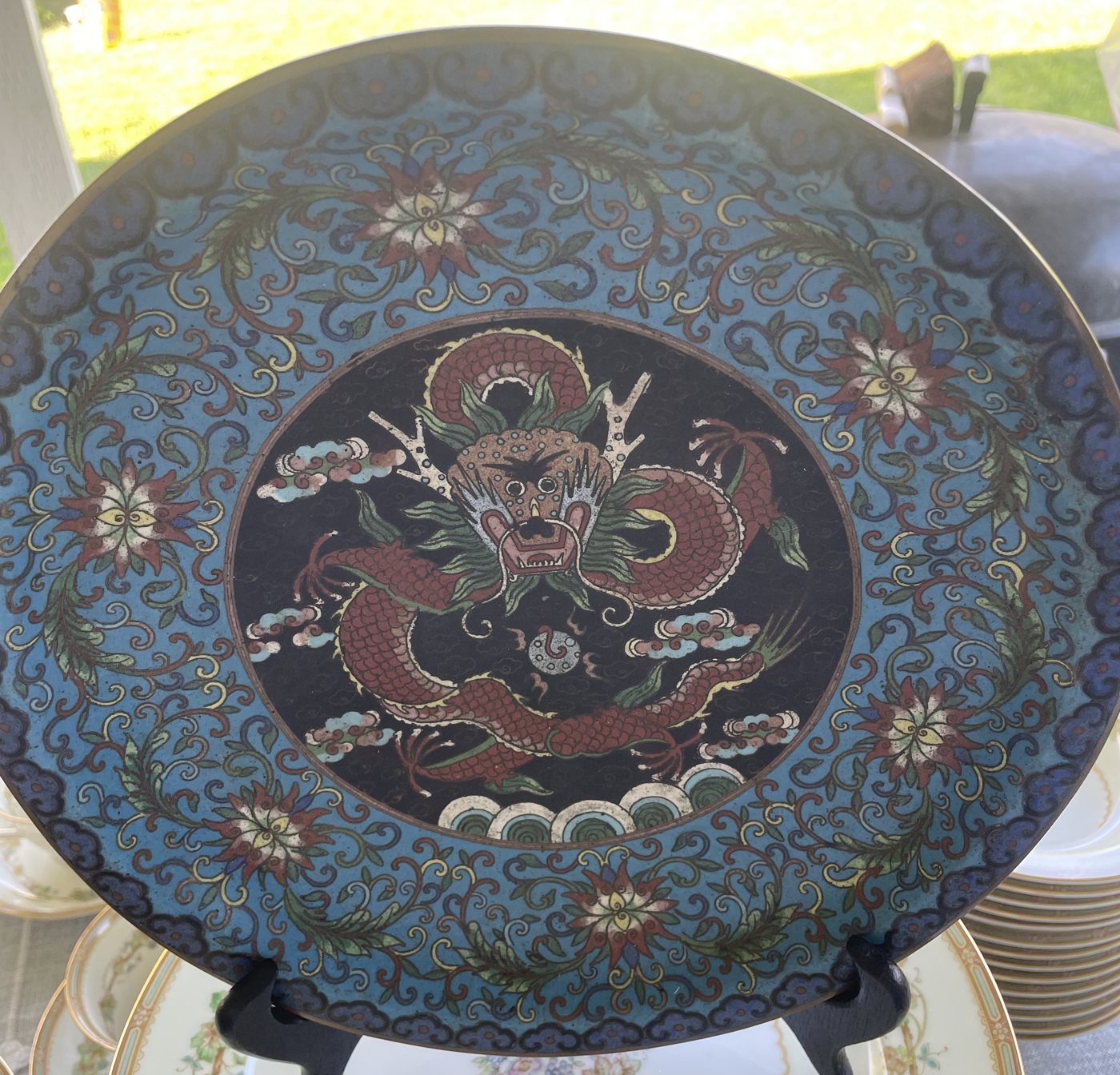 Large cloisonné covered box: five-clawed dragon on the lid, shou characters and butterflies on the base