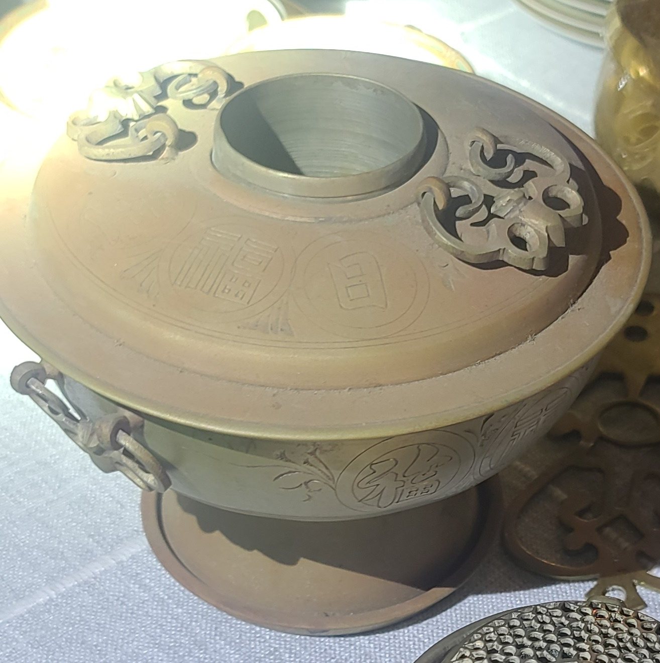 Pair of brass sinseollo — Korean royal-court charcoal hot pots