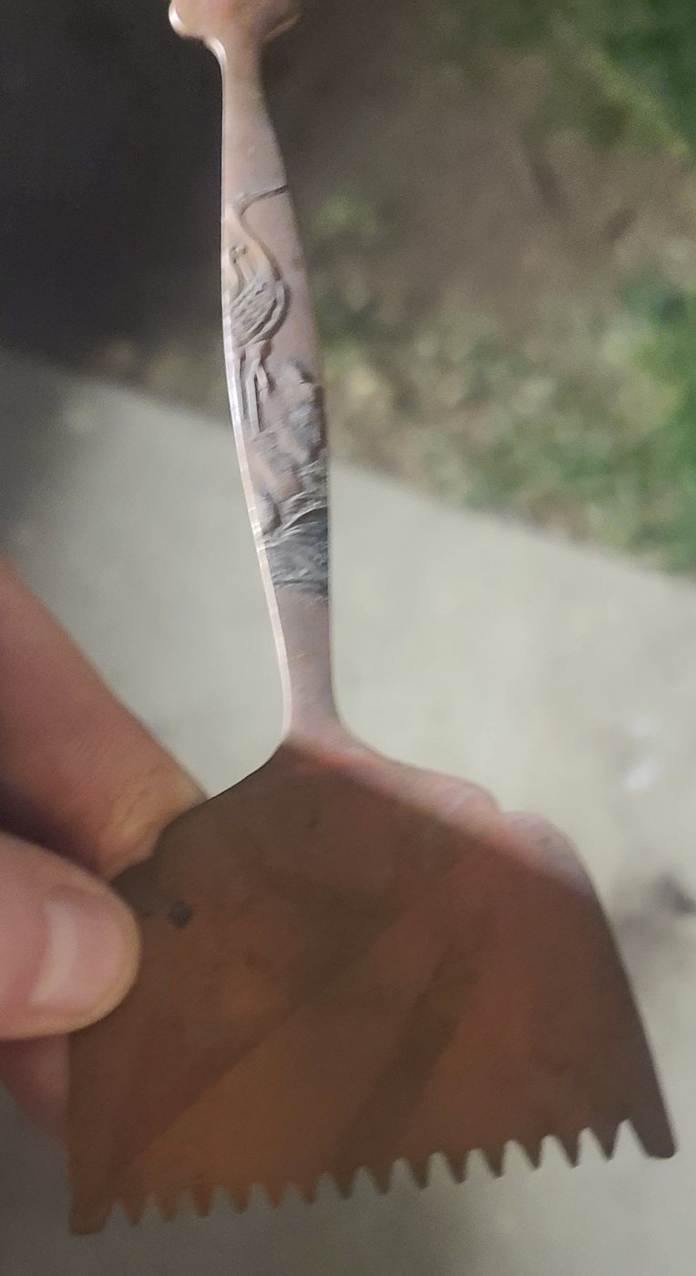Copper cake server with crane handle, and an engraved brass tray