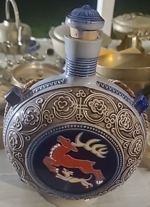 West German salt-glazed stoneware pilgrim flask: stag and hound